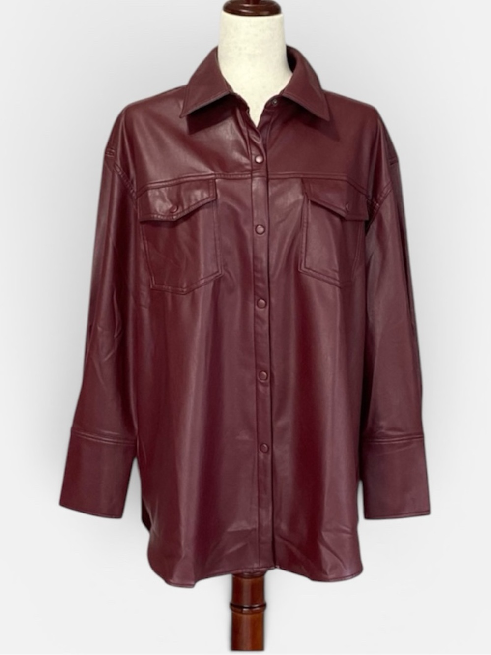 Cleo Petites Faux Leather Snap Button Long Sleeve Top
